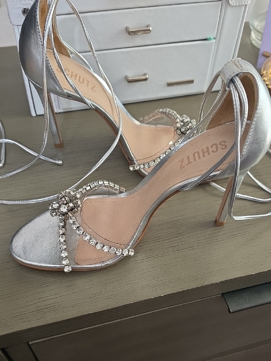 SCHUTZ Shoes - SCHUTZ Silver Crystal-Strap Lace-Up Stiletto Sandals